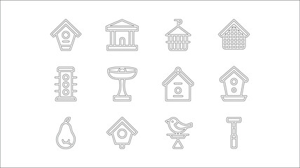 Set of twelve detailed birdhouse and feeder line icons for backyard decoration