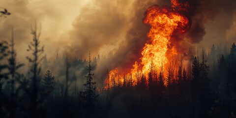 Fototapeta premium Wildfire spreading through a forest, highlighting natural disaster and ecological threat