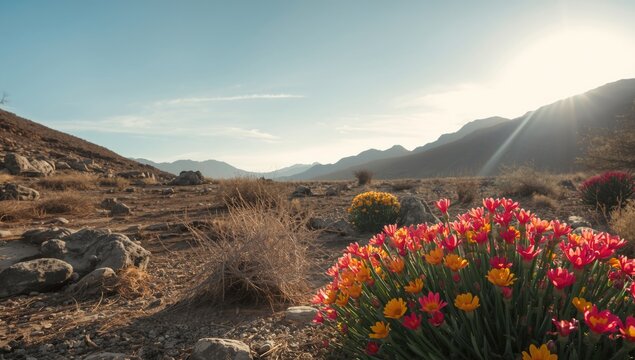 Karoo desert mountain scene with flowering vygie plants and sparse brush, highlighting natural resilience and spring growth, Earth Day