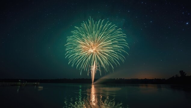 Colorful fireworks resembling aster flowers illuminating a dam water surface at night, captured with a tilt-shift lens for artistic effect