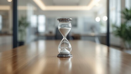 Office workspace with a sand glass serving as a visual timer for task prioritization