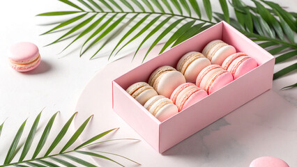 Pink macarons in pastel box
