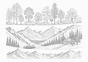 Fototapeta premium A serene mountain landscape with trees and a cabin