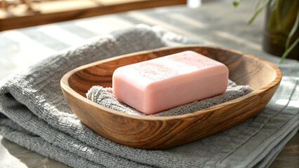 Pink soap in rustic wooden bowl