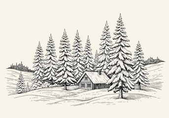 Fototapeta premium A cozy cabin nestled amongst snow-covered pine trees in a winter landscape