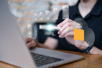 User using cloud service for upload transfer file data online digital information network server storage computer laptop, cloud data futuristic cyberspace technology concept