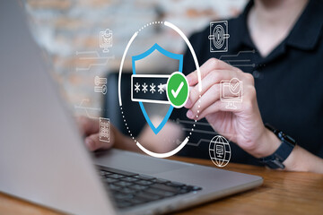 Businessman working with smartphone and laptop with shield padlock password protection database data information server encryption technology security privacy cybersecurity network connection concept
