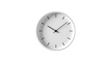 Modern minimalist white wall clock with black hands, professional background removal on this high-quality isolated subject