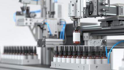 Automatic drug production line: a robotic arm with pneumatic grippers handles glass vials on a fast conveyor. 3D render