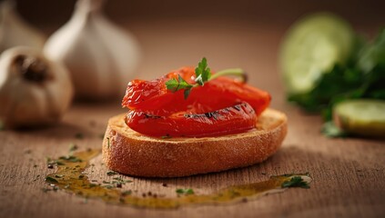 Toasted bread topped with roasted red peppers, parsley, and olive oil, designed as a flavorful quick meal or side dish