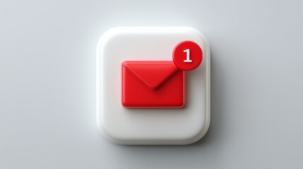 A red envelope with a badge "1". A flat 3D icon on a white square, notification of a new email, and a concise interface style.