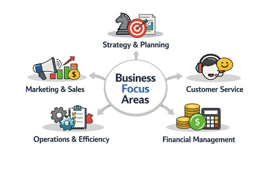 A central circle labeled "Business Focus Areas" with arrows pointing to five categories: Strategy & Planning, Customer Service, Financial Management, Operations & Efficiency, and Marketing & Sales.