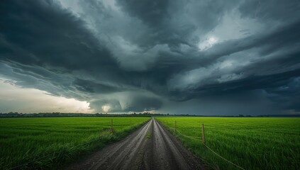 Heavy rain and thunder threaten an agricultural landscape and rural path, highlighting weather-related risks and climate awareness