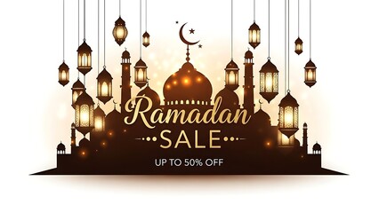 Ramadan Sale Banner with Mosque and Lanterns.