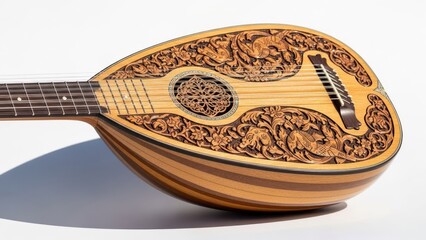 Ornate lute instrument, elaborately carved with floral and animal details
