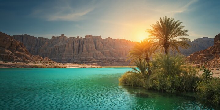 Wadi Bani Khalid oasis in the desert landscape, seasonal erosion risk