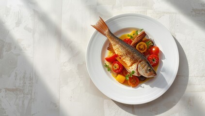 Grilled dorada alongside roasted vegetables served on a white plate, emphasizing preparation method and meal presentation