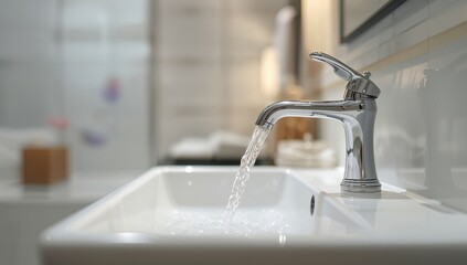 Shiny retro water switch in a bathroom with ceramic sink and white tiled wall, focusing on plumbing efficiency, World Plumbing Day