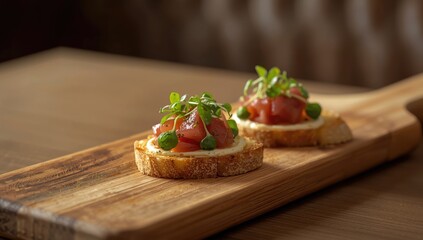 Italian finger food featuring cheese cream and smoked tuna on toasted bread, emphasizing appetizer preparation and serving