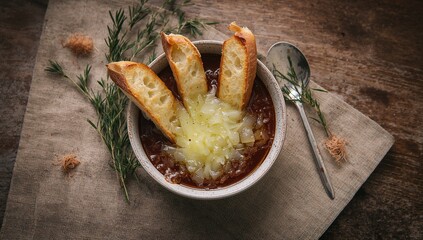 Close-up of classic French onion soup in a bowl, highlighting rich broth and toasted bread, used as a food photography background, World Food Day