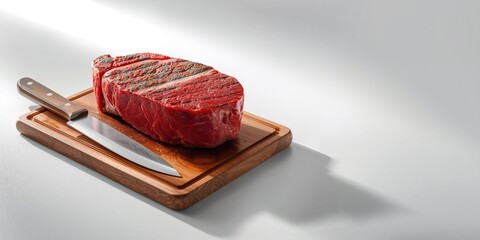 Steak fillet in grilled and raw forms on wooden board, highlighting culinary techniques and presentation