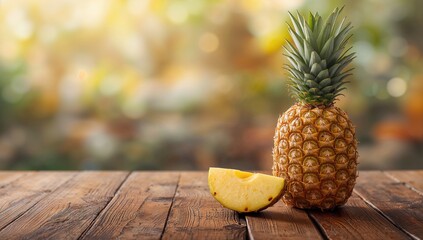 Whole pineapple and slice on wooden surface, focusing on nutritious fruit consumption, Nutrition Awareness Day