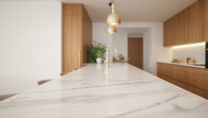 Fototapeta premium Minimalist kitchen with marble surfaces and ambient lighting, ideal for background use in design projects