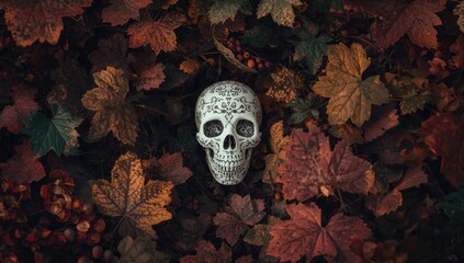 Ceramic skull nestled in wild grape foliage, highlighting organic decay and botanical contrast