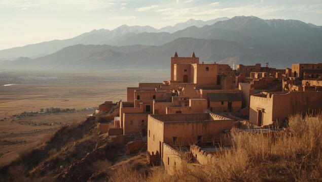 Detail view of a Berber clay town nestled in the Atlas Mountains, highlighting regional architecture, World Heritage Day