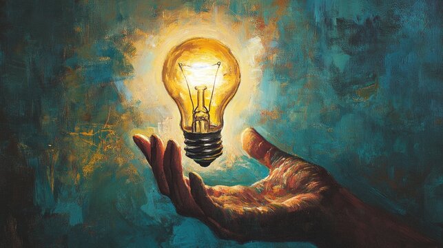  Enlightened Ideas, Showcase enlightened ideas with an image of arm fingers holding a radiant light bulb.
