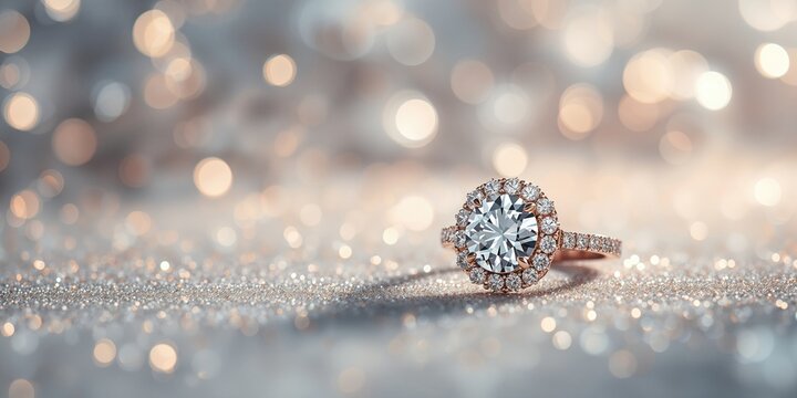 Sparkling diamond ring set against a blurred Christmas glitter background, emphasizing holiday jewelry presentation