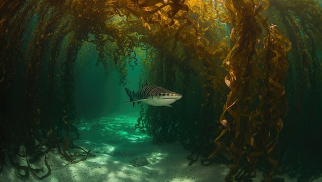 Marine life scene with a striped catshark navigating kelp forest, highlighting underwater ecosystems