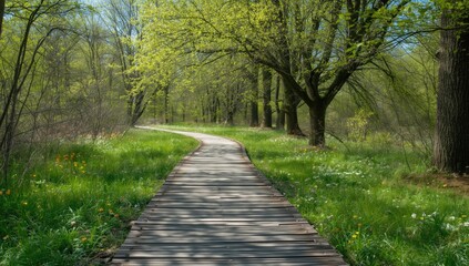 Obraz premium Trail made of wooden planks through dense woods, emphasizing eco-friendly construction