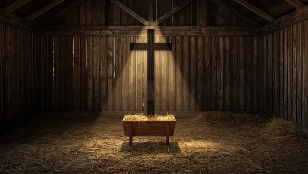 Empty manger and cross shadow in a weathered barn setting, reflecting Christmas observance