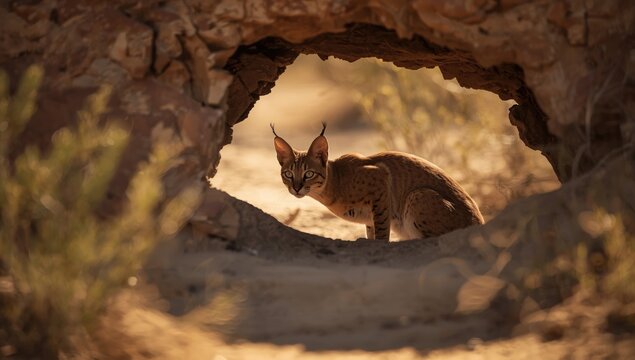 Caracal hiding in a small cave to escape the heat, highlighting animal survival strategies in hot environments