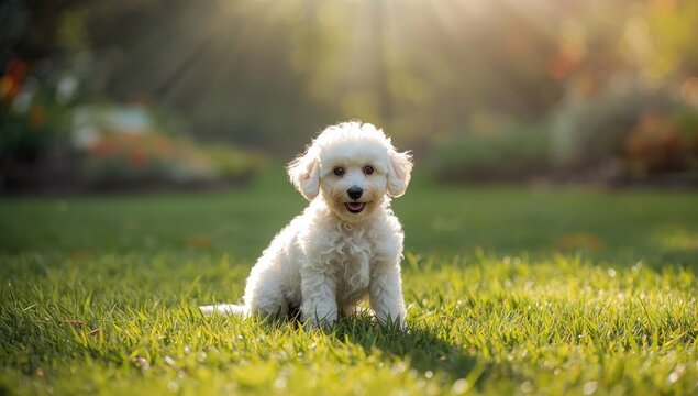 White-furred dog observing garden surroundings during morning hours, highlighting pet environment and routine