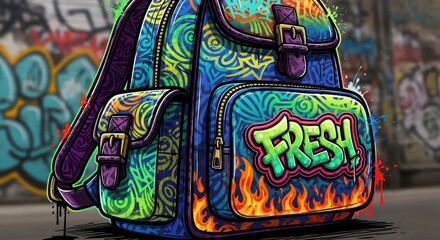Vibrant backpack adorned with colorful graffiti patterns stands against a blurred urban backdrop