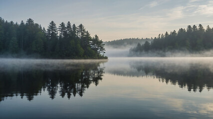 Fototapeta premium Foggy lake beside mountain