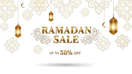 Ramadan Sale Banner with Golden Lanterns and Islamic Patterns.