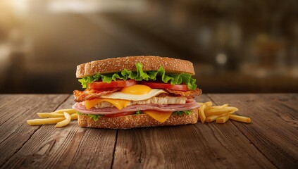 Sandwich with multigrain bread containing grilled chicken ham bacon cheese egg lettuce and tomato, balanced nutrition