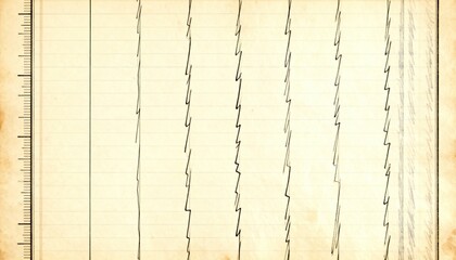 Old antique seismograph or polygraph record sheet with hand-drawn waveform lines and metric scale. Grunge, science, measurement, and earthquake research background or retro recording template.