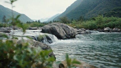 Flowing river water over a rocks surface, illustrating seasonal change