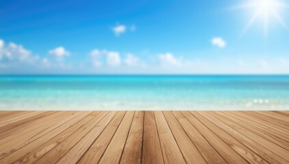 Fototapeta premium Out-of-focus ocean view behind wooden deck flooring, emphasizing a tranquil outdoor setting for relaxation
