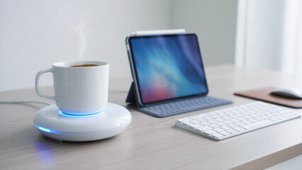 Smart mug warmer on a wooden desk with tablet and keyboard, heated coaster keeping coffee warm, office workspace comfort, modern desk setup, gadget for cozy home office environment