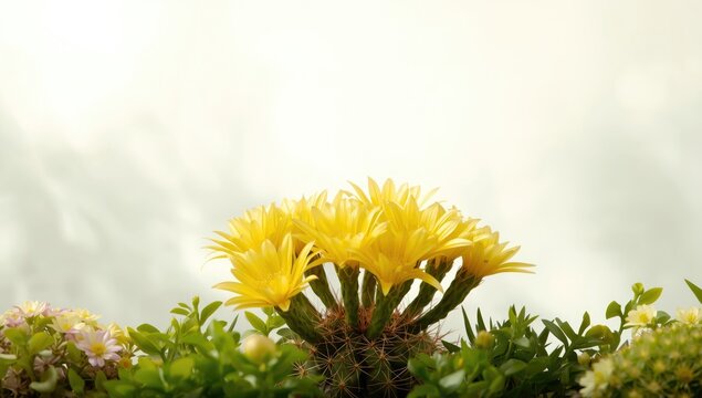 Yellow cactus blossoms in the summer sun, emphasizing arid landscape vibrancy