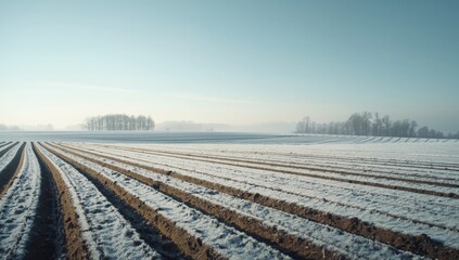 Plowed farmland blanketed in snow during winter in a rural setting, highlighting crop readiness and soil health, Earth Day