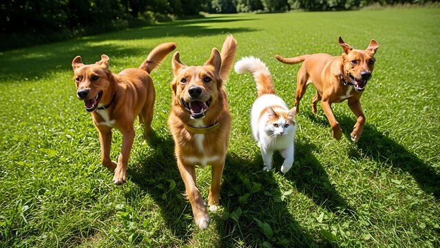 Three happy dogs and a cat running on a sunny green lawn.