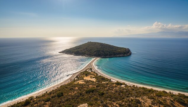 Aerial view of a turquoise pebble beach on Skopelos island used for filming Mamma Mia, popular for its scenic landscape, seasonal tourism
