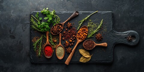 Arrangement of fresh herbs and spices including parsley, rosemary, oregano, bay leaves, and star anise alongside peppercorns and cayenne, for seasoning preparation, International Herb Day