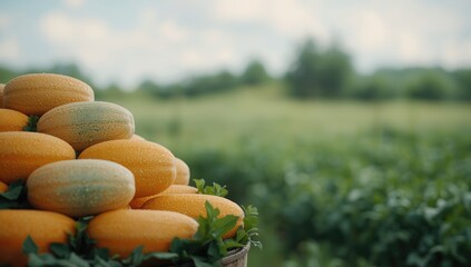 Display of cantaloupe melons in small stacks at a market, illustrating handling and quality control in fresh fruit sales